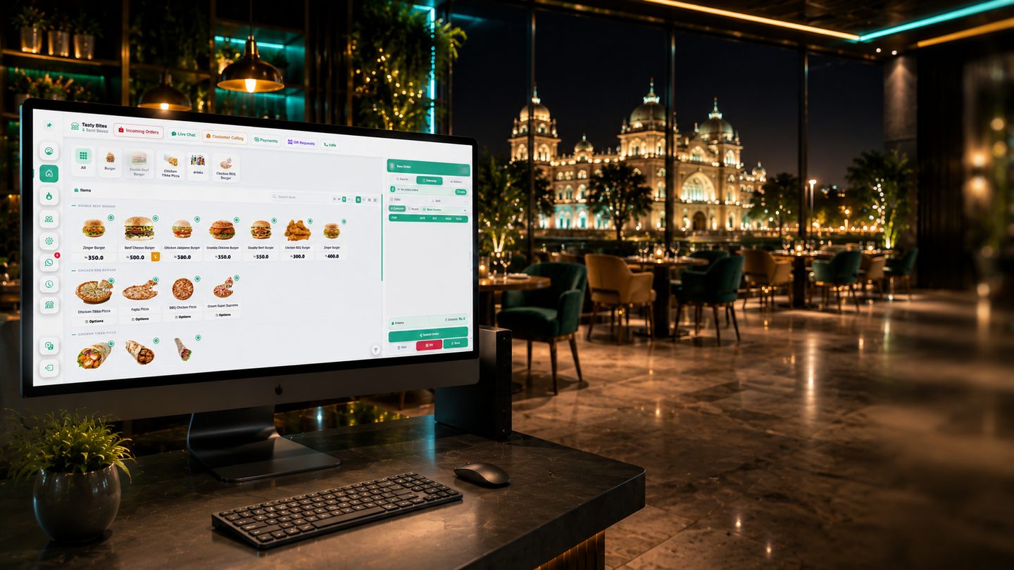 Restozay restaurant POS system running on a counter screen in a Bahawalpur restaurant, with the Bahawalpur skyline behind it