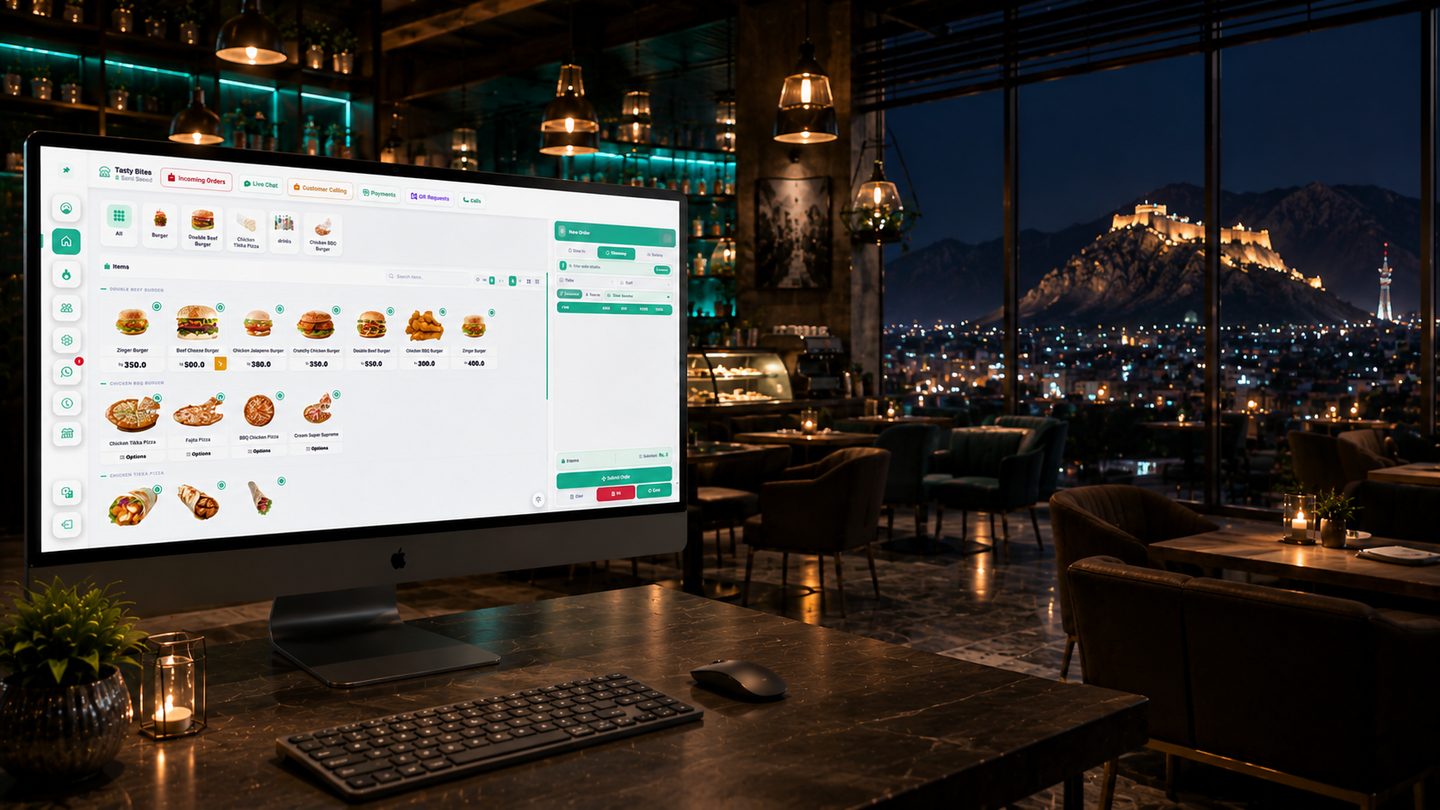 Restozay restaurant POS system running on a counter screen in a Quetta restaurant, with the Quetta skyline behind it