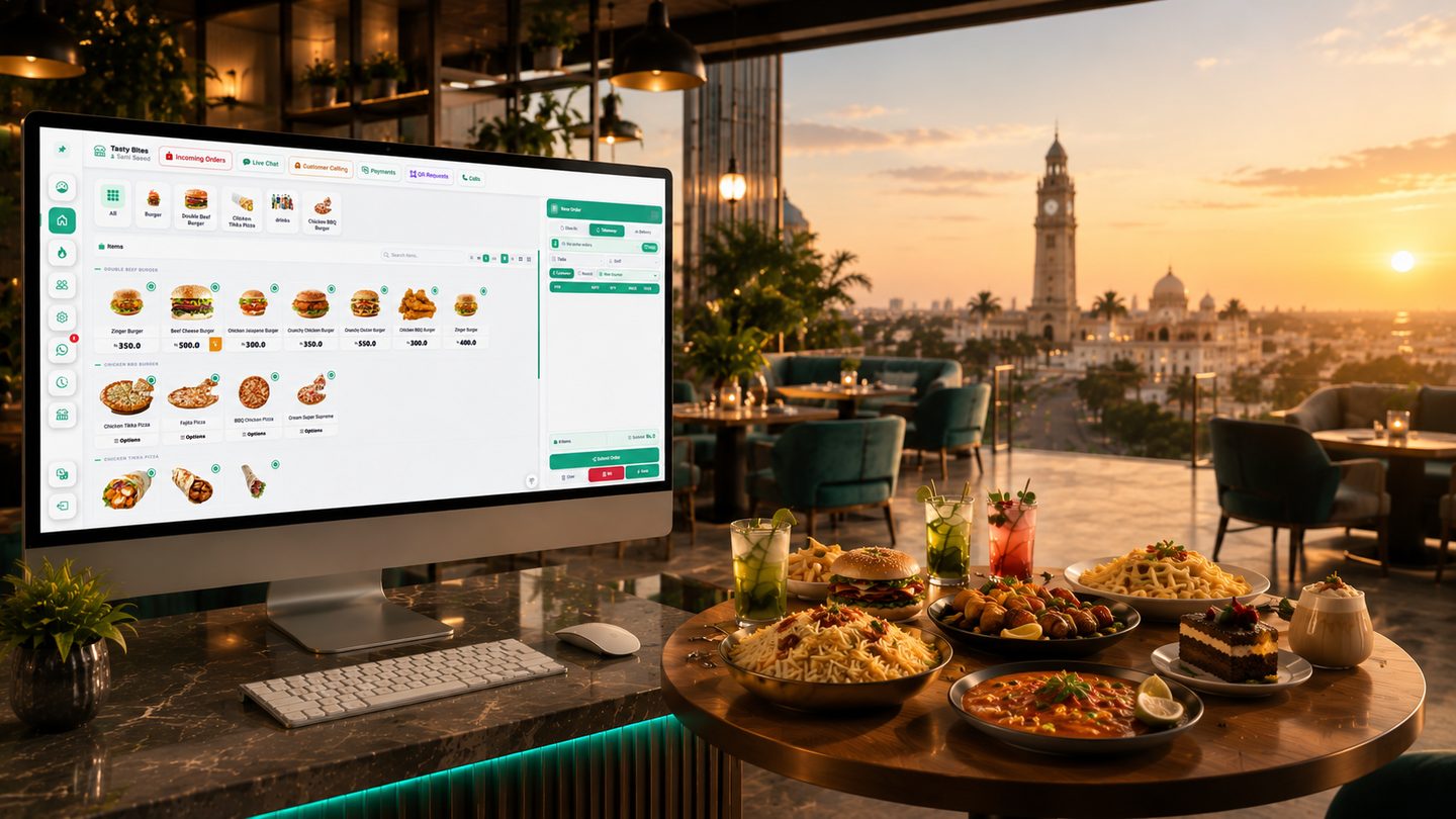 Restozay restaurant POS system running on a counter screen in a Rahim Yar Khan restaurant, with the Rahim Yar Khan skyline behind it